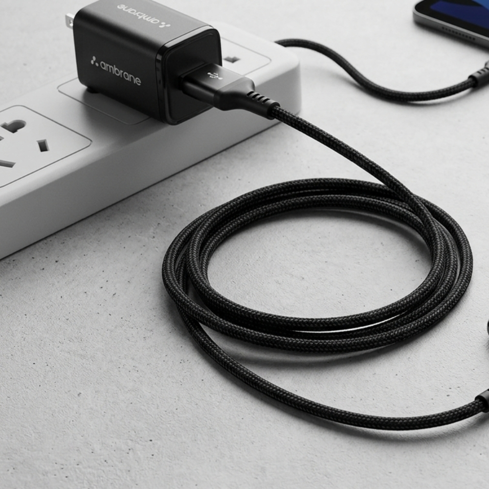 Ambrane Unbreakable 3A Fast Charging Type C Cable braided Black Connection with adopter
