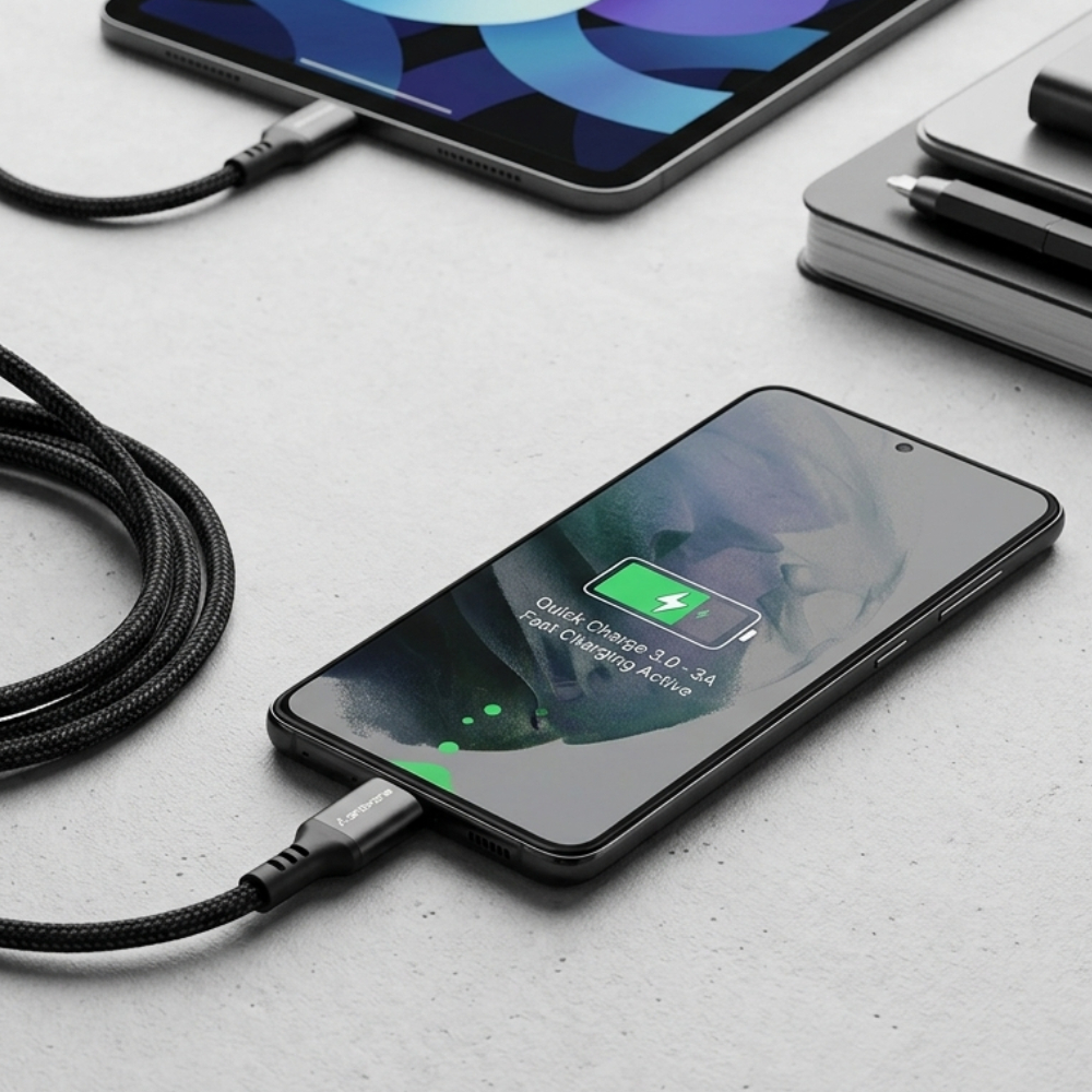 Ambrane Unbreakable 3A Fast Charging Type C Cable braided Black Connection to Phone
